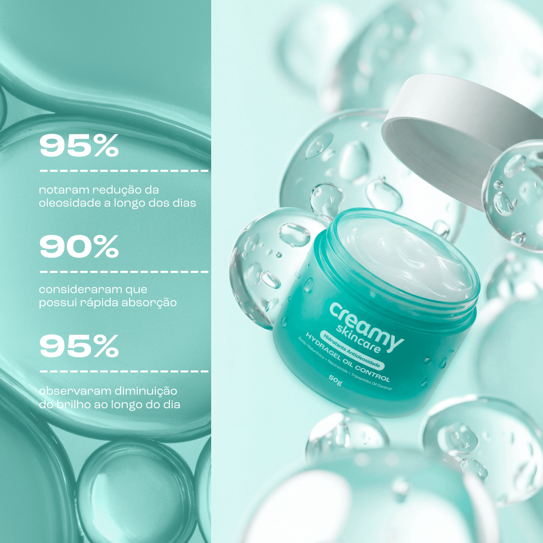 Pote do Creamy Hydragel Oil Control, gel hidratante antioleosidade, em fundo cinza claro